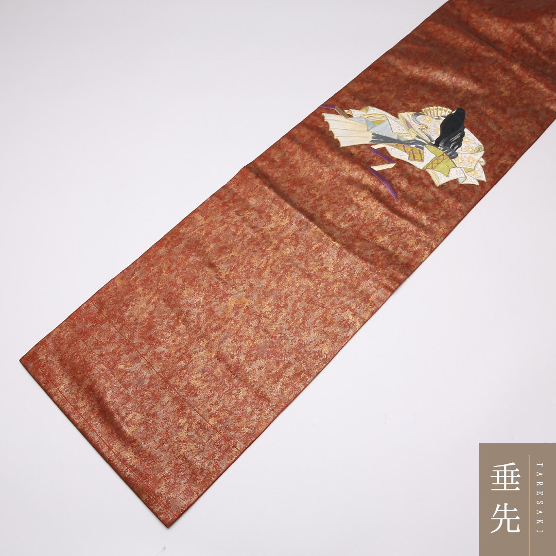 九寸名古屋帯 帯丈393cm 正絹 ポイント柄 名古屋仕立て 織り セミフォーマル 螺鈿 刺繍 大和美人文 扇 朱系 M4 1245-01445