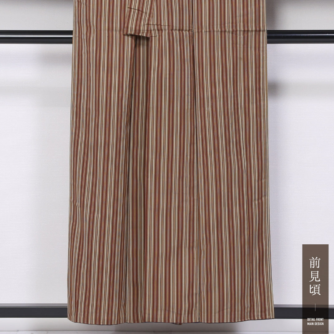 紬 袷 身丈156cm 裄丈61cm 正絹 Sランク カジュアル バチ衿 Mサイズ 縞 茶系 RP 1223-11483