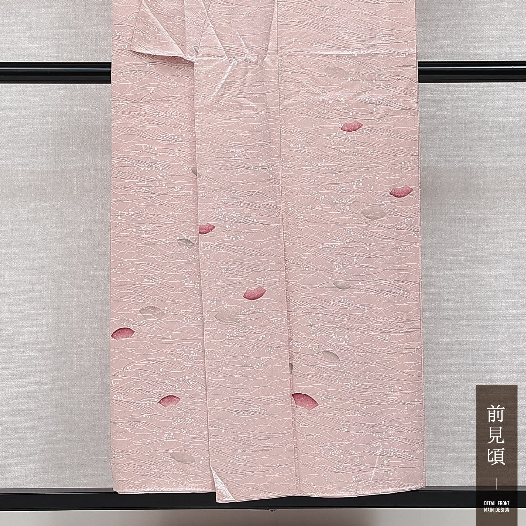 小紋 袷 身丈151cm 裄丈64cm 正絹 Sランク インフォーマル 広衿 Sサイズ 織り出し 扇 露芝草 ピンク系 RP 1221-14607
