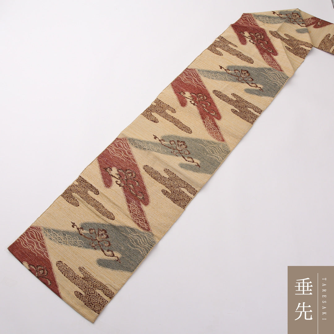 アンティーク 八寸名古屋帯 Aランク 帯丈322cm 正絹 六通 名古屋仕立て 織り 紬 エ霞 青海波 クリーム系 RP 1245-02373