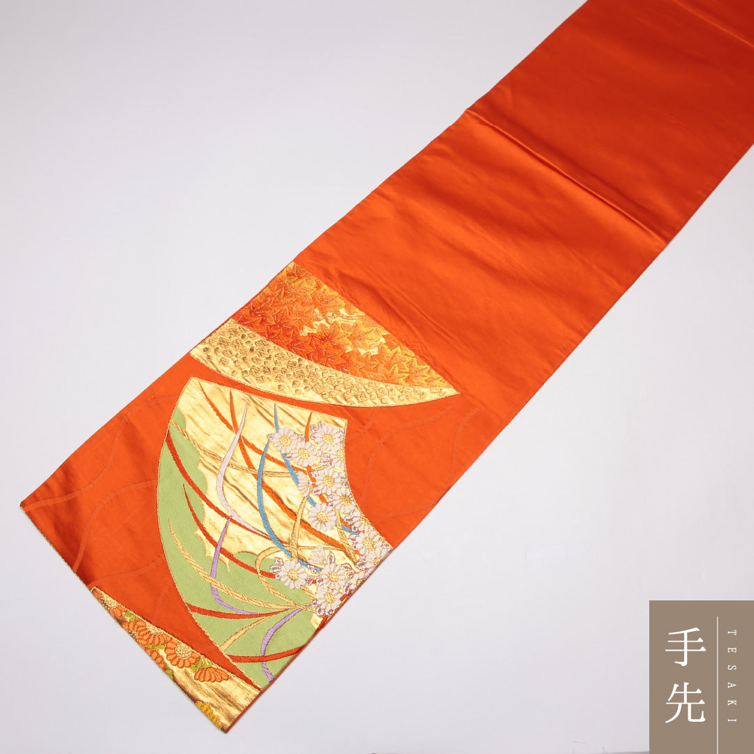 袋帯 帯丈420cm 六通 菊 紅葉 立涌 フォーマル 朱系 正絹 Aランク 1223-01195