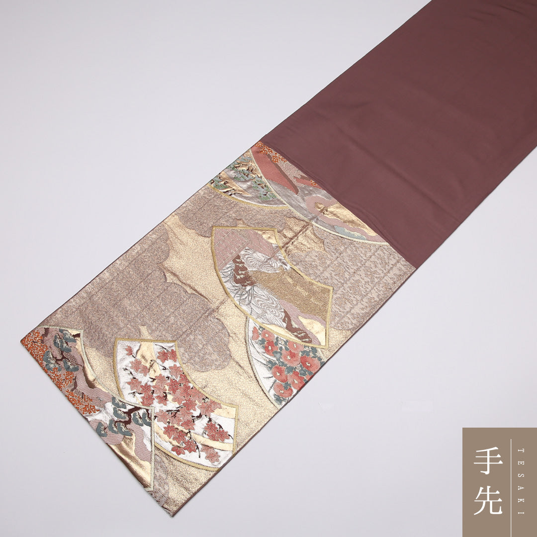 袋帯 帯丈426cm 正絹 六通 フォーマル 唐織 扇面文 御所解 ピンク系 1243-01012