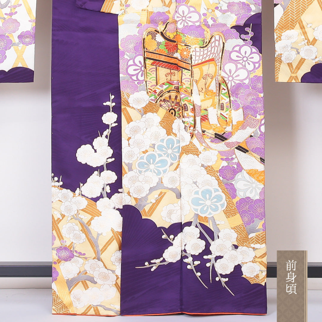 振袖 身丈163cm 裄丈66cm Aランク 袷 正絹 広衿 御所車 吉祥文様 梅 大正ロマン 1213-F0057
