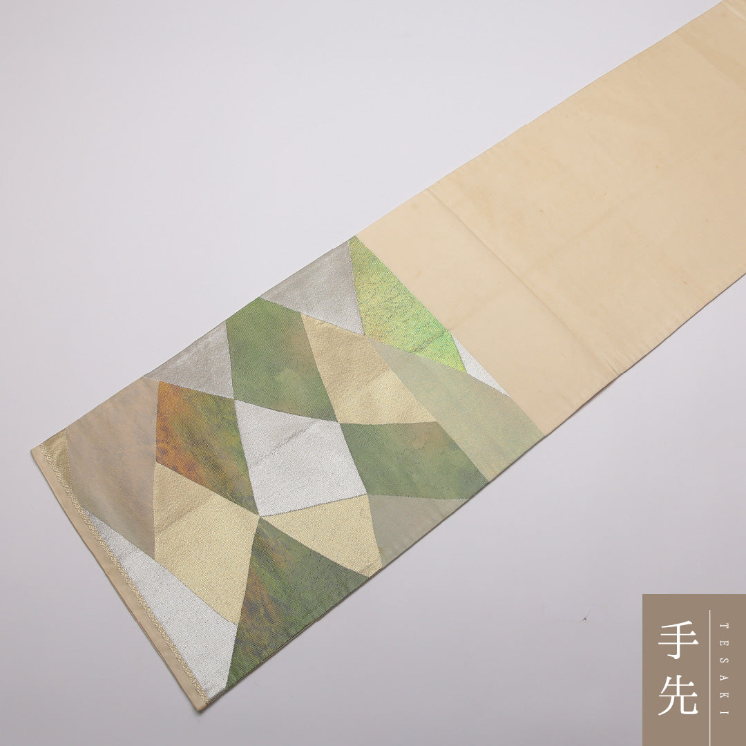袋帯 帯丈420cm 正絹 六通 インフォーマル 創作柄 落款 緑系 1243-01402