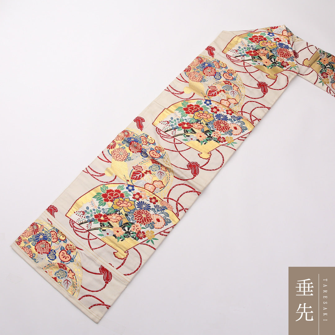 アンティーク 名古屋帯 六通 帯丈325cm Aランク 正絹 吉祥文様 扇 白系 1224-02378