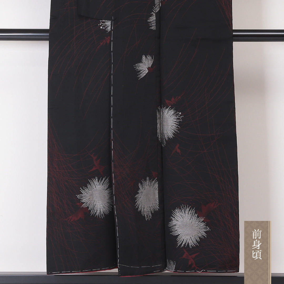 アンティーク お召 袷 身丈149cm 裄丈64cm 正絹 Aランク 広衿 XSサイズ 花柄 黒系 RP 1222-03395