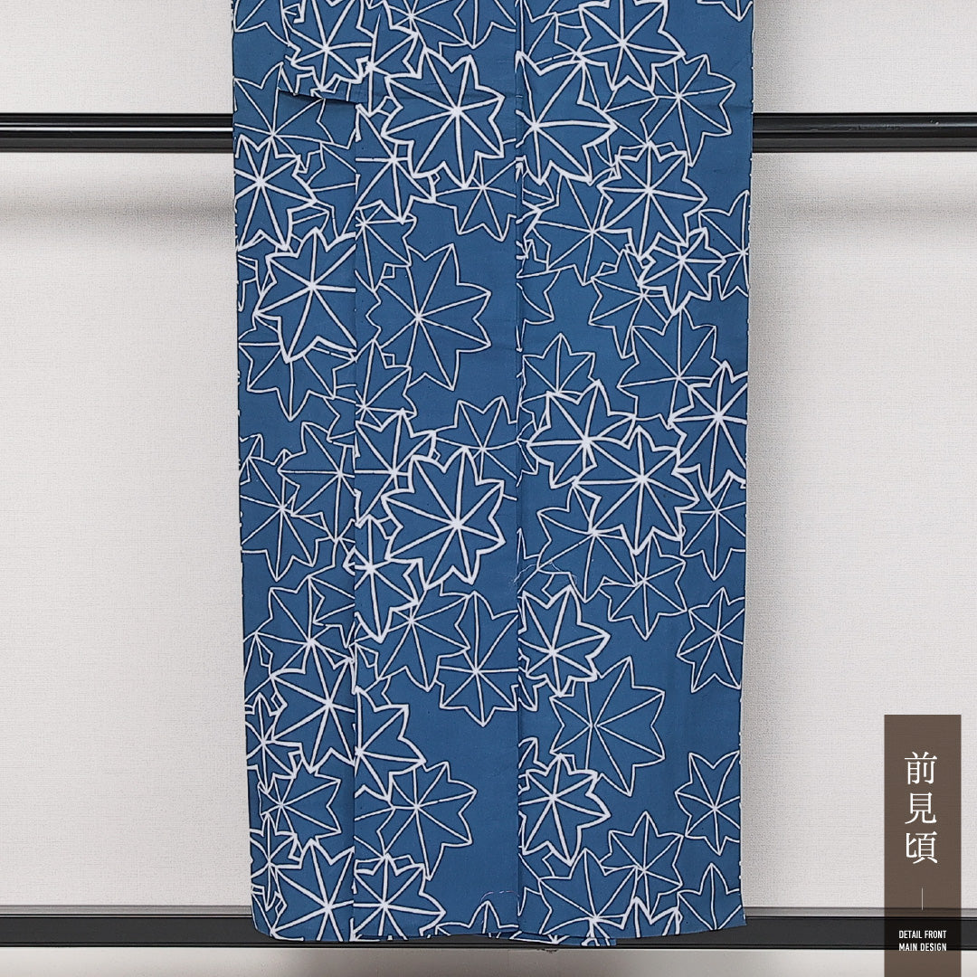 浴衣 夏物 洗える着物 身丈153cm 裄丈64cm Aランク 木綿 バチ衿 Sサイズ カジュアル 楓 古典的 爽やか 青系 1218-13635