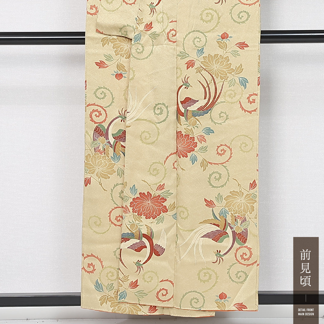小紋 袷 身丈153cm 裄丈64cm 正絹 Sランク インフォーマル 広衿 Sサイズ 唐華 鳳凰 牡丹 金系 RP 1221-11917
