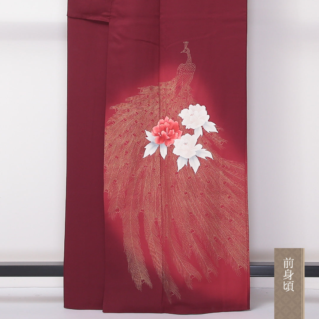 訪問着 袷 身丈160~164cm 裄64cm 正絹 孔雀や牡丹 金箔 臙脂色 赤系 Aランク 1212-00616