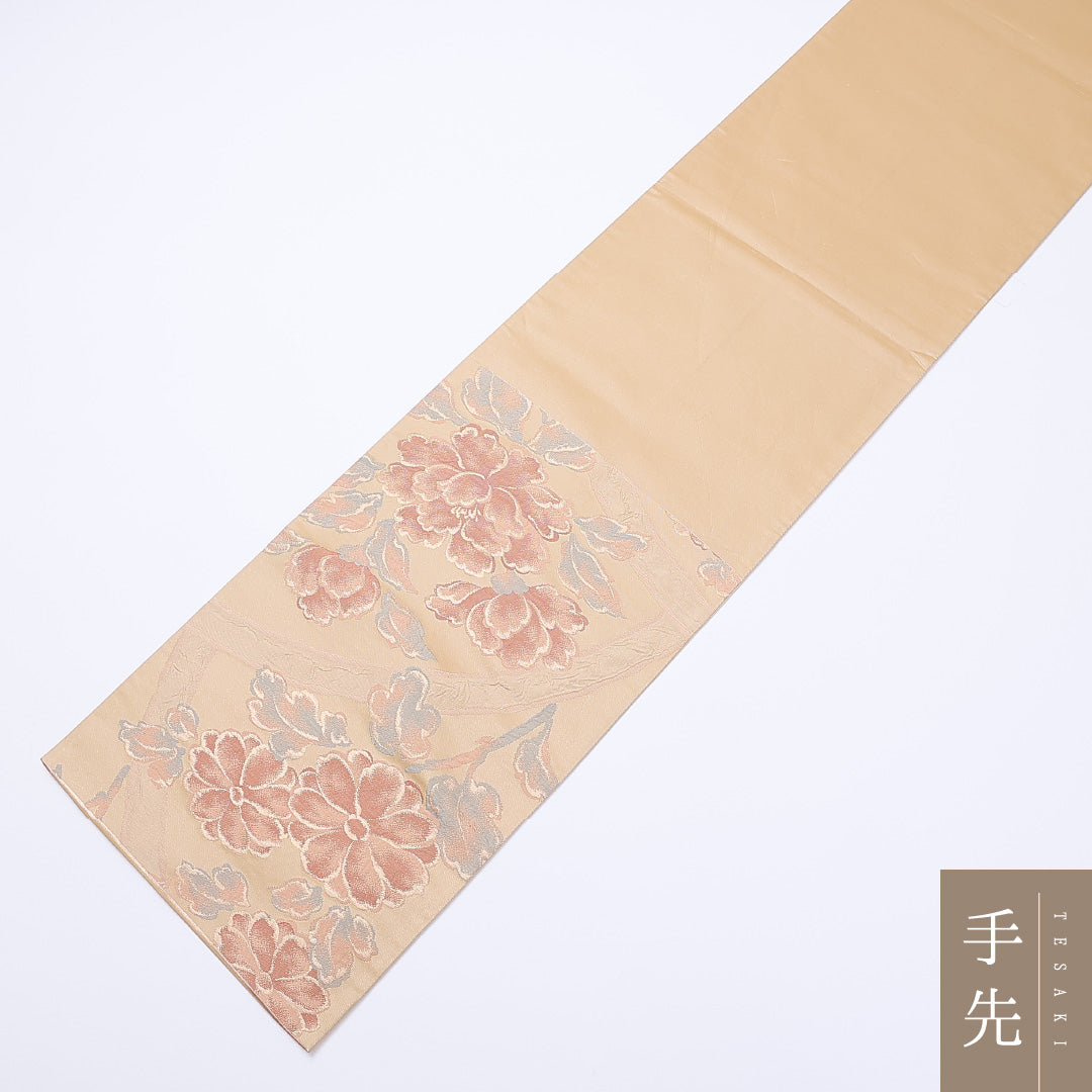 袋帯 帯丈424cm 六通 牡丹 金糸 セミフォーマル 金系 正絹 Sランク 1223-00967