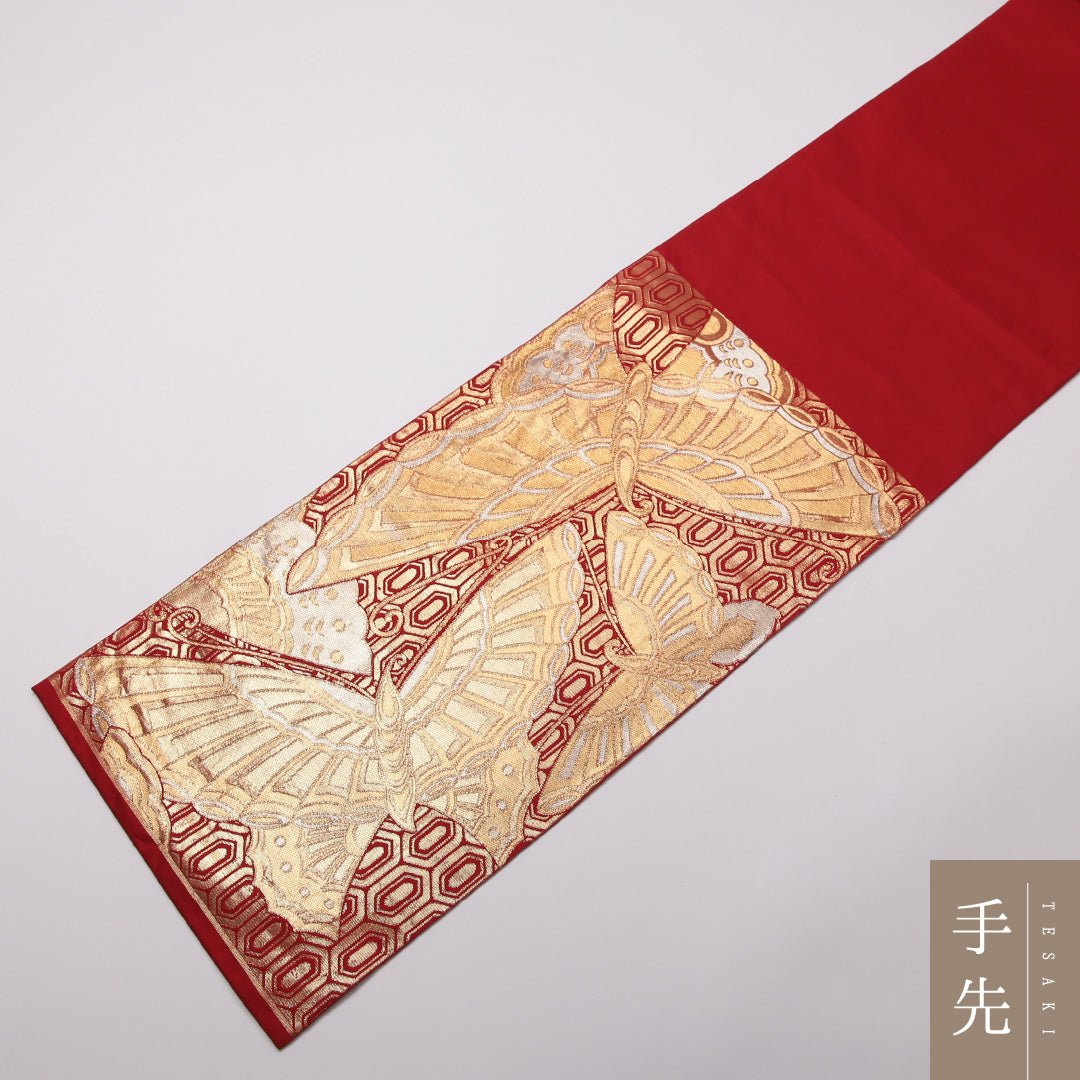振袖用 袋帯 帯丈434cm 正絹 六通 蝶 亀甲 赤系 1243-01412