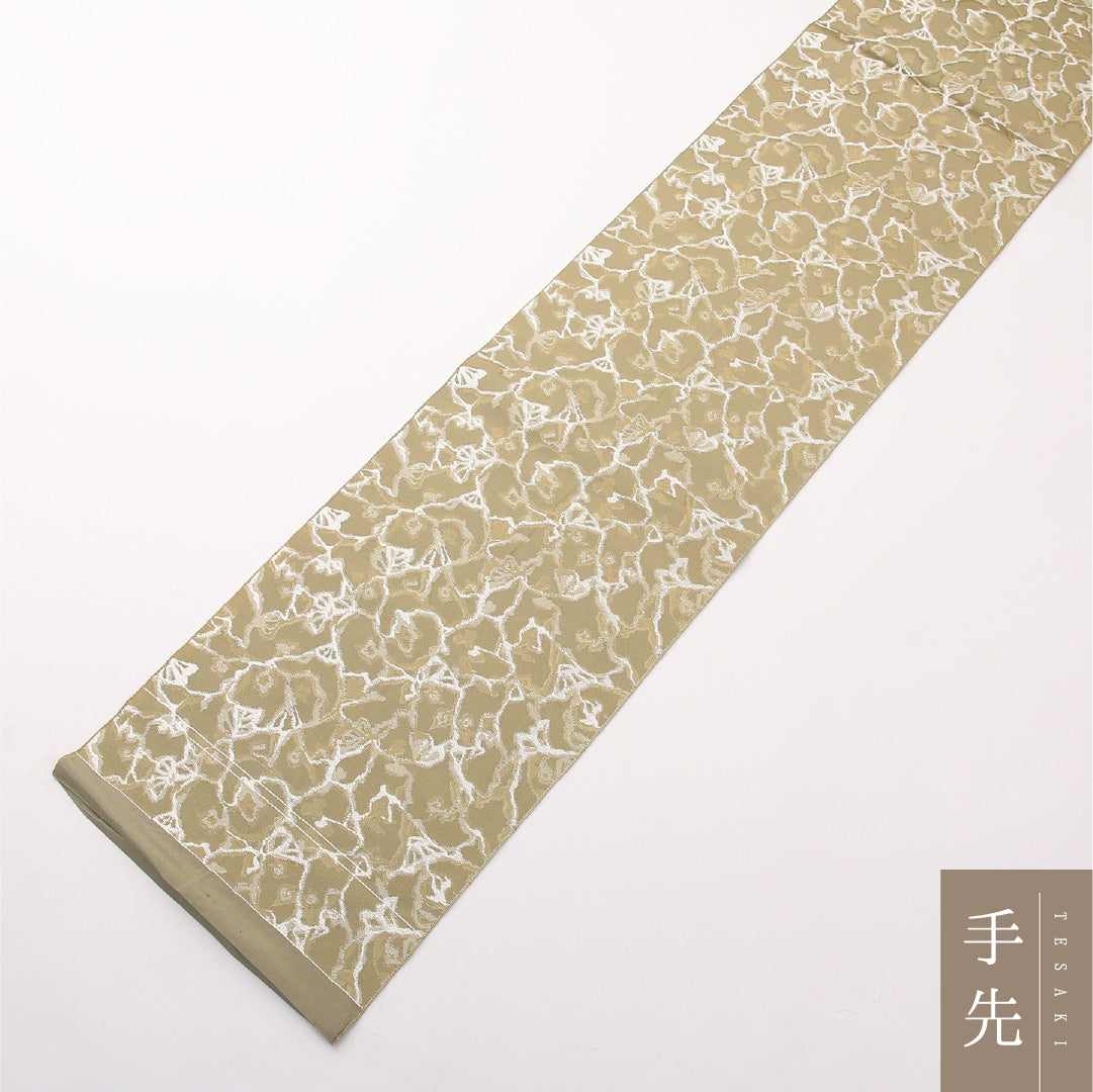 八寸名古屋帯 Aランク 帯丈378cm 正絹 全通 開き仕立て 織り カジュアル 創作柄 緑系 RP 1245-02307