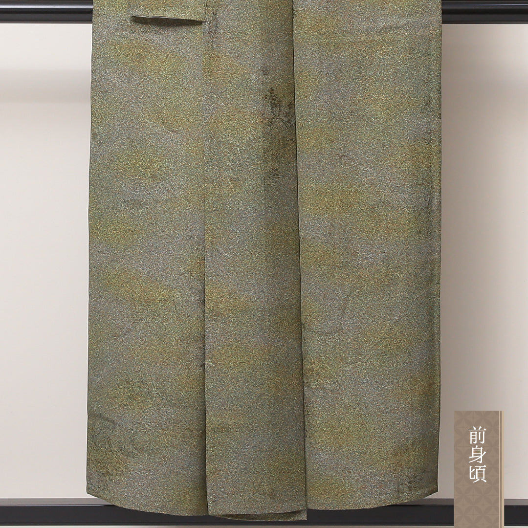 小紋 単衣 身丈149cm 裄丈62cm 正絹 Sランク インフォーマル 広衿 XSサイズ ぼかし染 金彩 抽象柄 緑系 RP 1221-02181