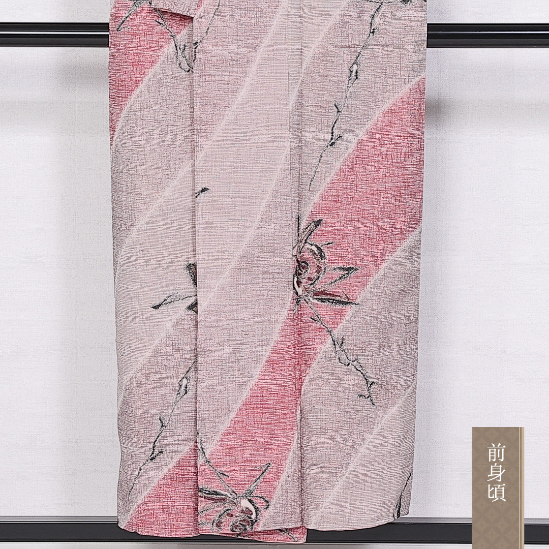 紬 袷 身丈158cm 裄丈62cm 正絹 Aランク カジュアル バチ衿 Mサイズ 花柄 ピンク系 RP 1223-10465