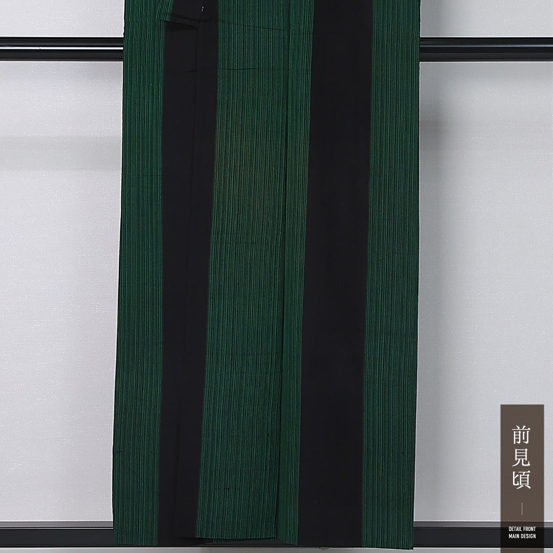 紬 身丈153cm 裄丈62.5cm Aランク S 正絹 単衣 バチ衿 縞 カジュアル 緑系 1216-12375