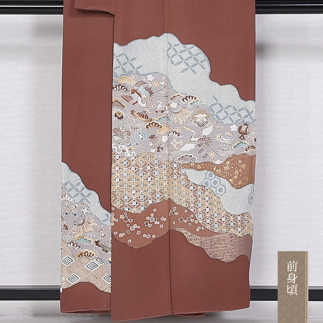 色留袖 三つ紋 身丈156cm 裄丈67.5cm 袷 丸に橘 正絹 Sランク 広衿 鶴 笠松 吉祥文様 金彩 1211-F0354