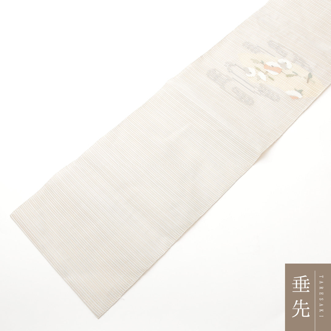 夏物 名古屋帯 ポイント柄 帯丈368cm セミフォーマル Sランク 正絹 絽 琳派 流水 扇 白系 1224-01999