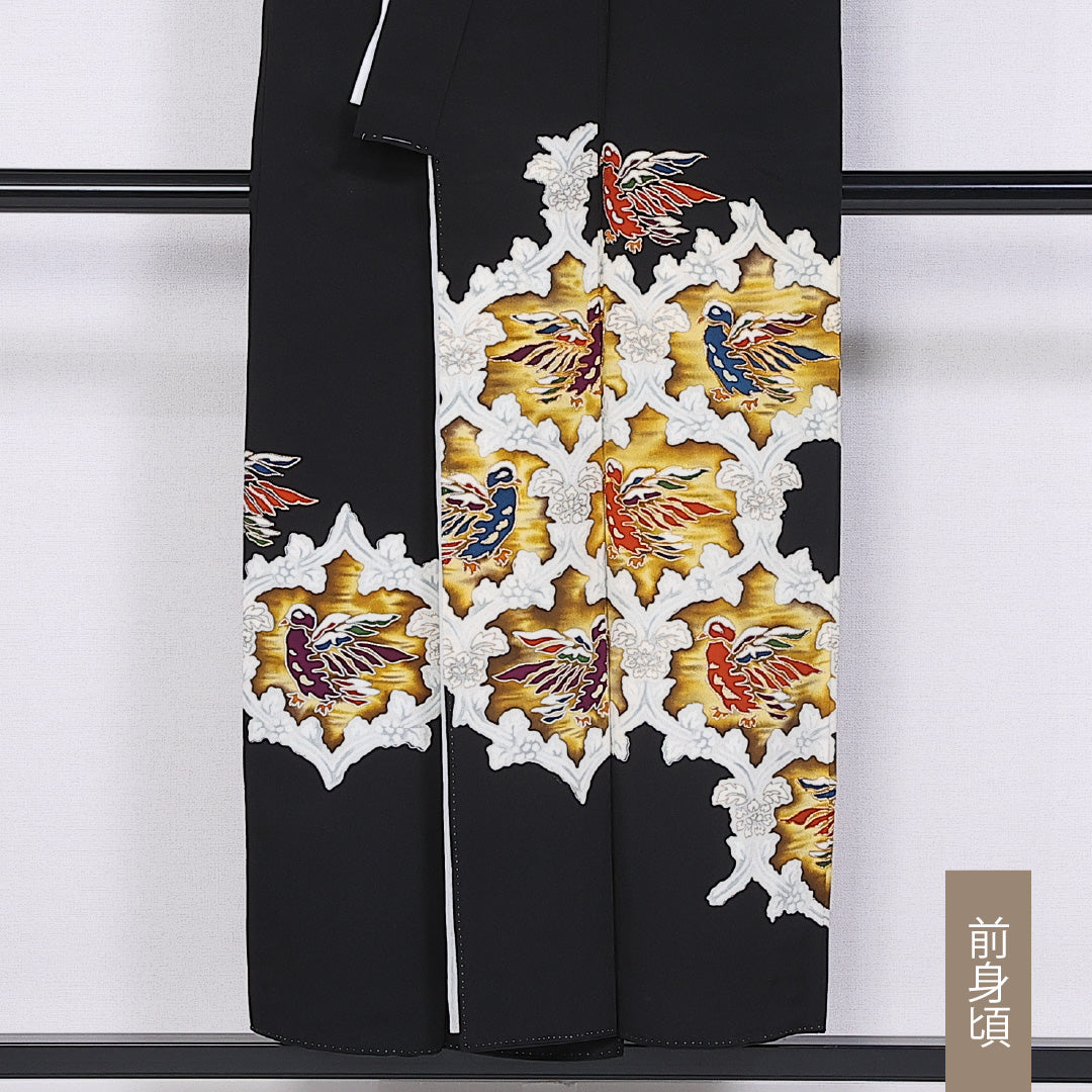 黒留袖 身丈149cm 裄丈61.5cm 袷 五つ紋 五三桐 正絹 Aランク バチ衿 比翼仕立て 鳳凰 1211-F0413