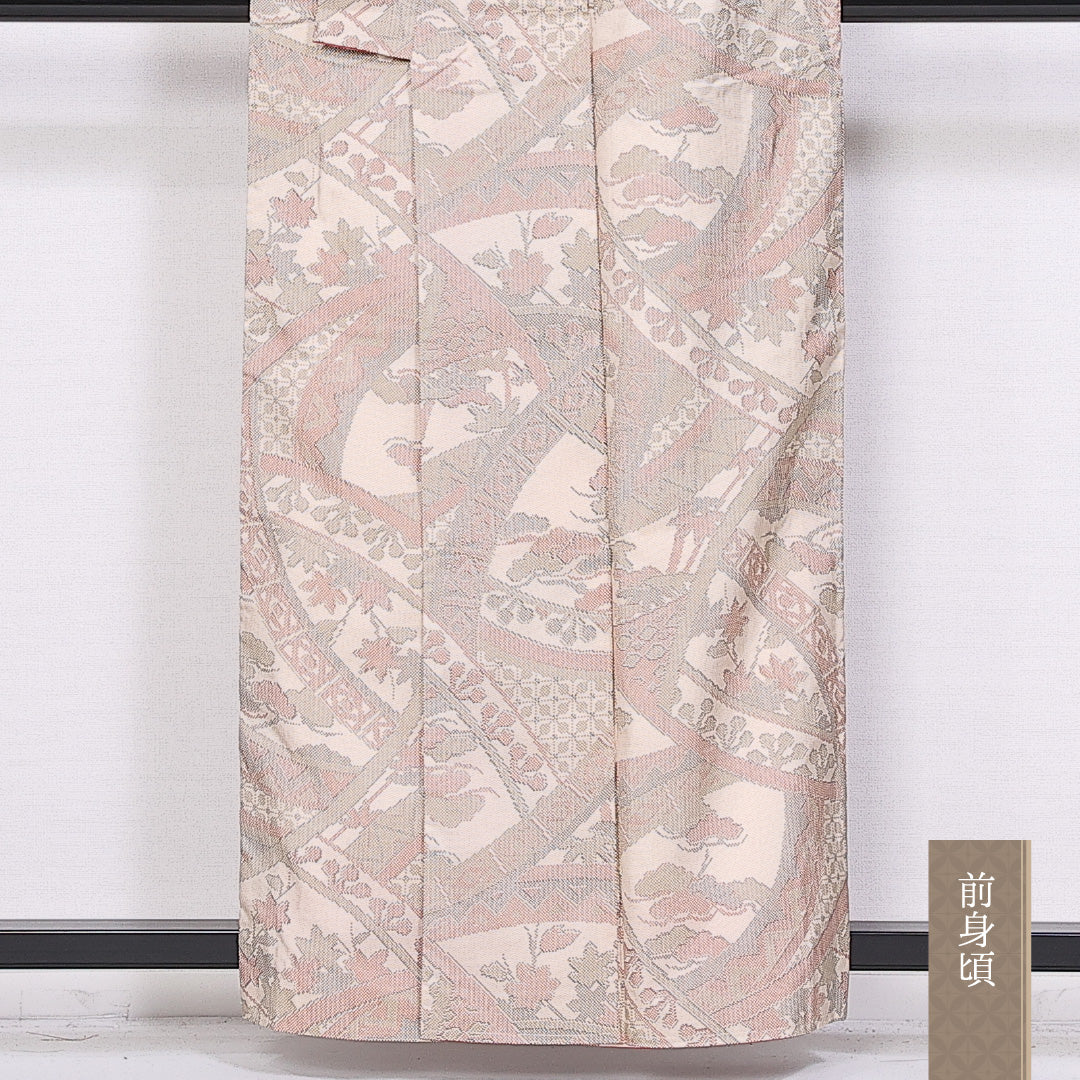 大島紬 袷 身丈153cm 裄丈63cm 正絹 Sランク インフォーマル バチ衿 Sサイズ 染め紬 紅葉 松 白系 RP 1223-10548