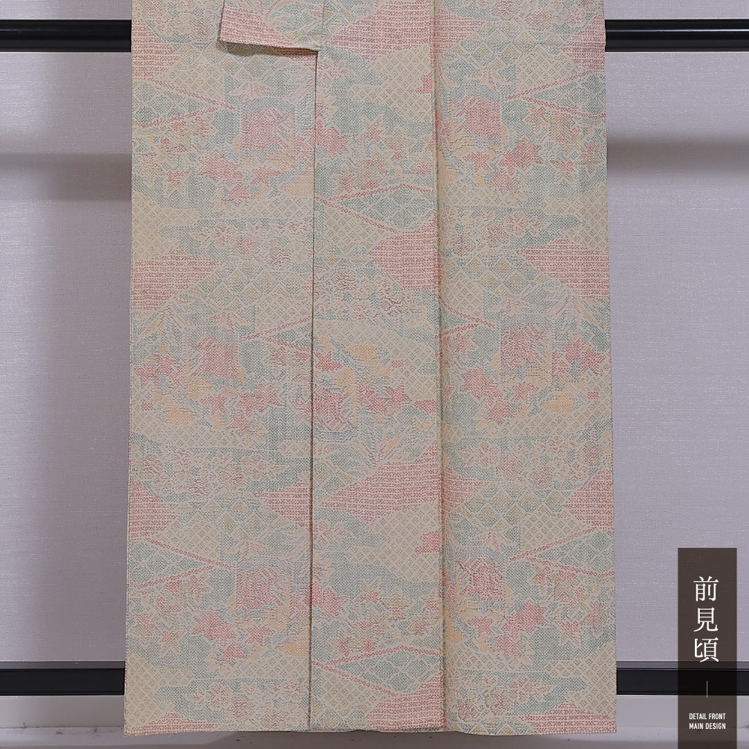 小紋 単衣 身丈155cm 裄丈64cm 正絹 Cランク インフォーマル 広衿 Mサイズ 花園 ベージュ系 LP 1221-11778