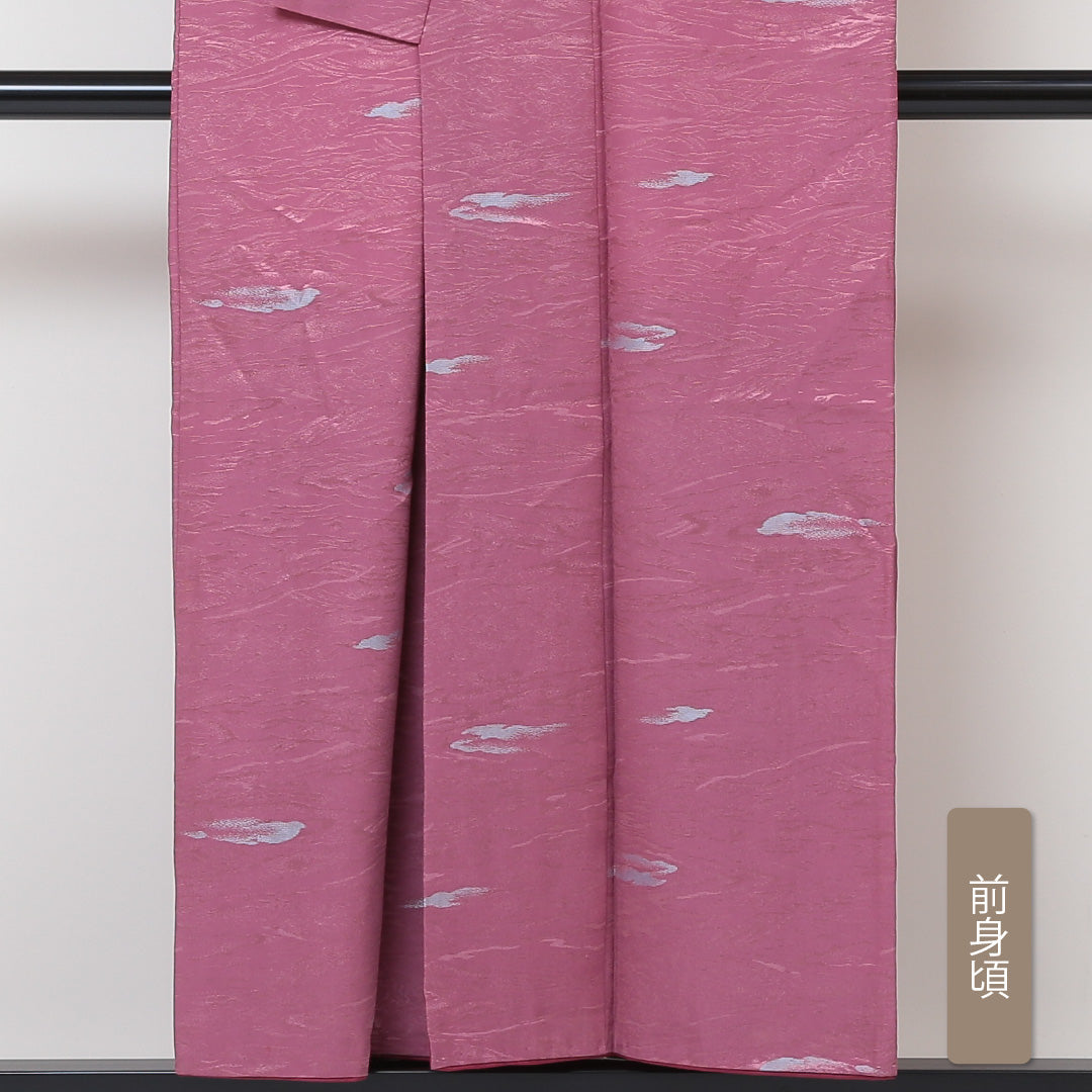 お召 袷 身丈149cm 裄丈62cm 正絹 Aランク インフォーマル 広衿 XSサイズ 幾何学柄 ピンク系 RP 1222-03031