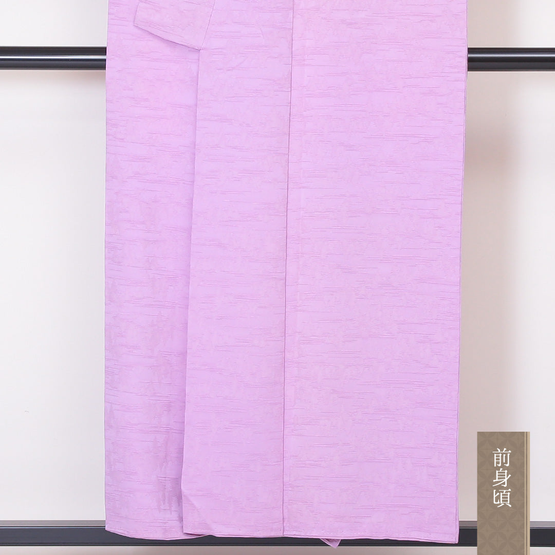 色無地 袷 身丈152cm 裄丈65cm 正絹 Aランク 一つ紋 (五三桐) 紋意匠 (創作柄) セミフォーマル 広衿 Sサイズ ふくれ織 紫系 HP 1219-05236