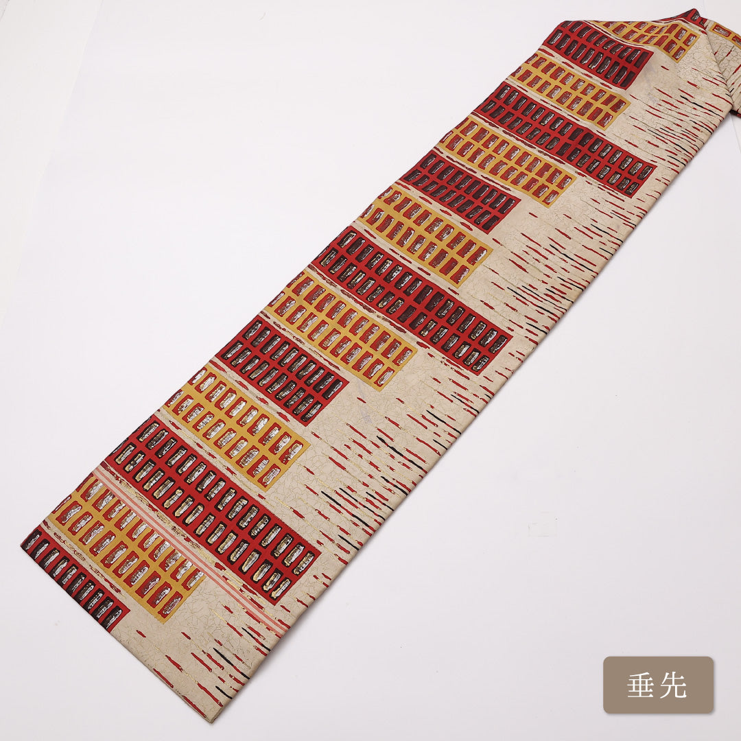 九寸名古屋帯 Cランク 帯丈316cm 正絹 全通 名古屋仕立て 織り インフォーマル 創作柄 クリーム系 LP 1245-01125