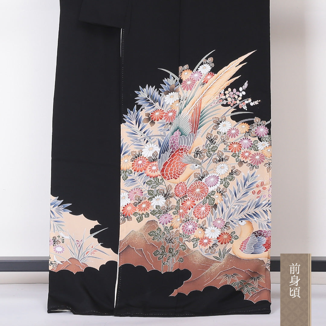 黒留袖 五つ紋 丸に木瓜 身丈166cm 裄丈64cm Aランク 正絹 袷 比翼 広衿 XL 鴛鴦 フォーマル 黒系 1211-F0208