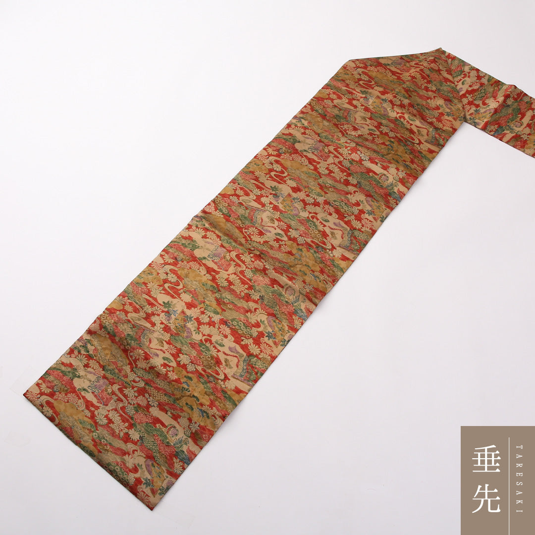 名古屋帯 全通 帯丈338cm カジュアル Sランク 正絹 御所解 赤系 1224-02375
