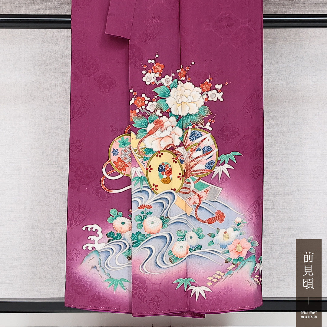 アンティーク 色留袖 (錦紗) 一つ紋 三つ割り橘 身丈151cm 裄丈59cm Aランク 正絹 袷 バチ衿 S 四君子 鼓 古典的 伝統的 紫系 1211-F0628