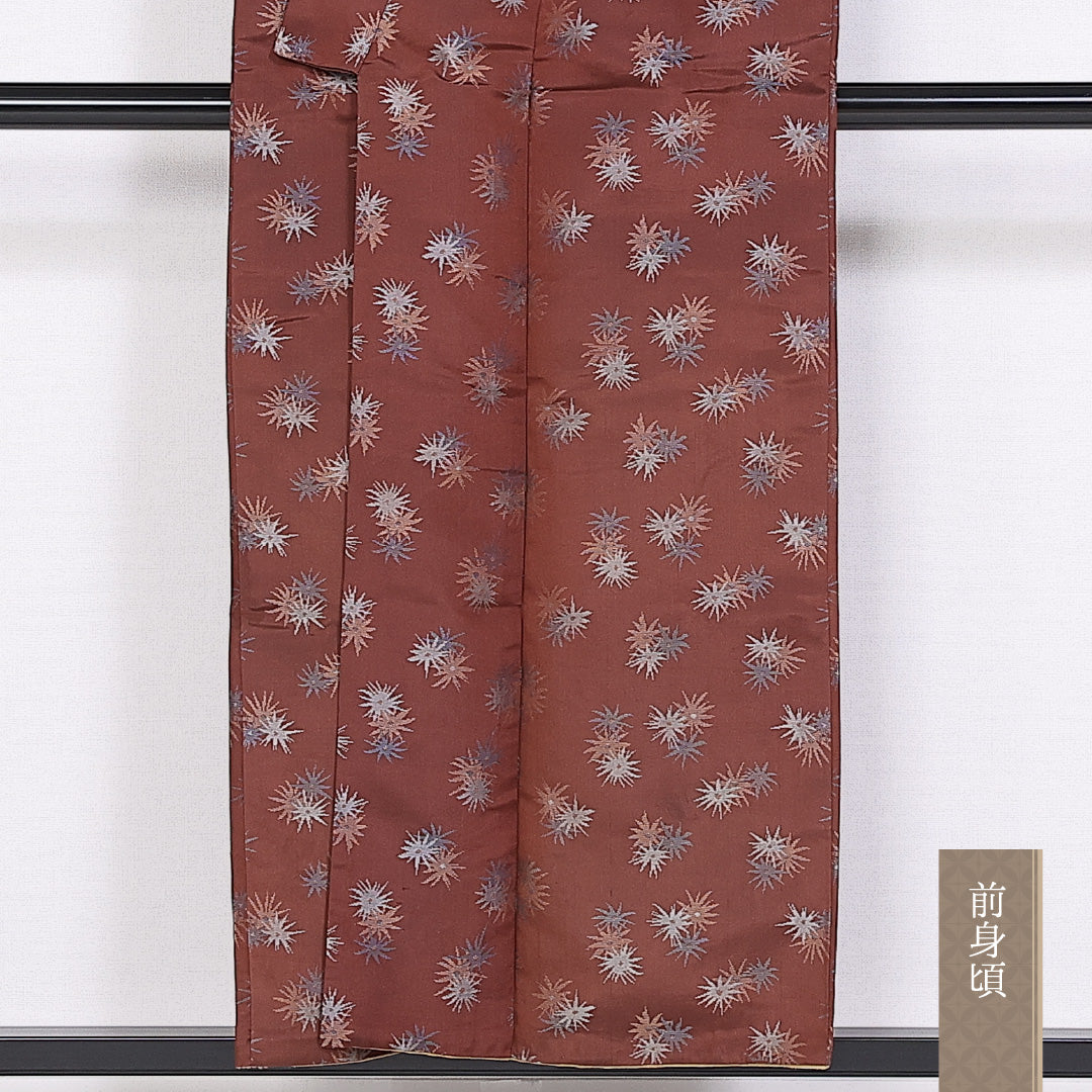 お召 袷 身丈153cm 裄丈62cm 正絹 Sランク インフォーマル バチ衿 Sサイズ 花柄 茶系 RP 1222-10133