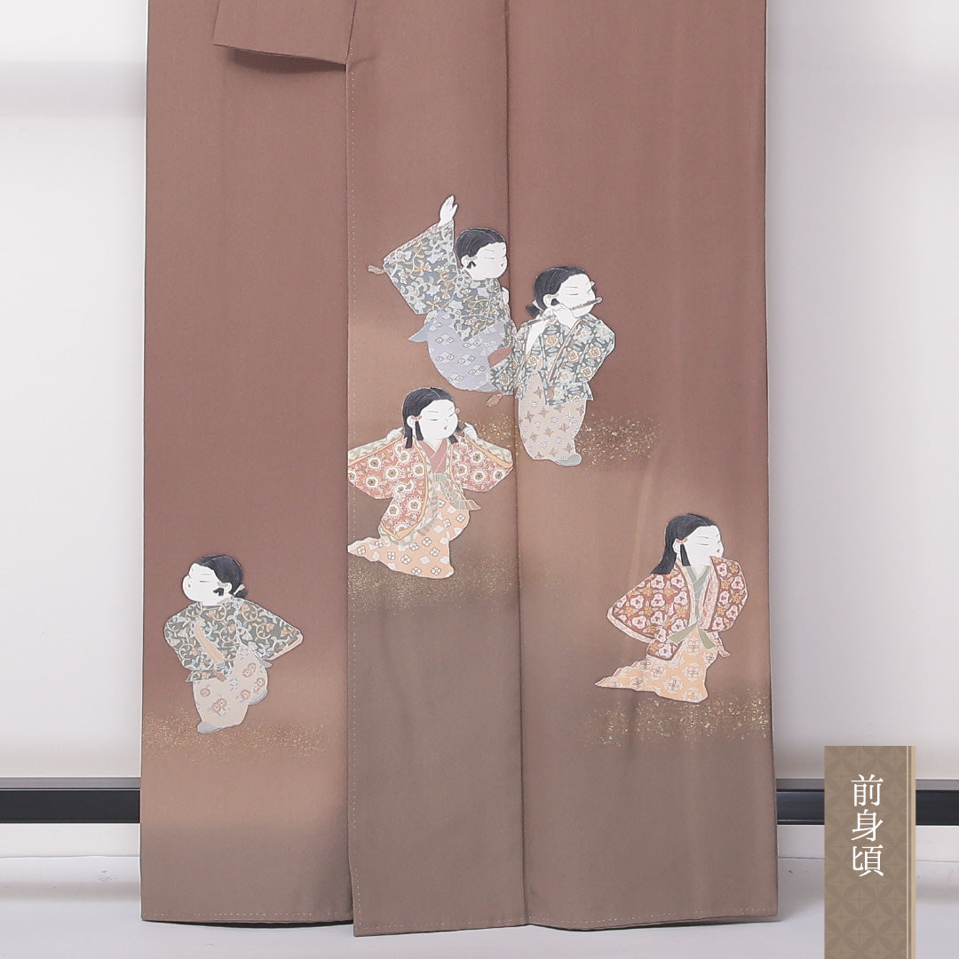 色留袖 一つ紋 丸に蔦 身丈162cm 裄丈65.5cm Bランク 正絹 袷 広衿 L 作家物 落款 金彩 童 人物 セミフォーマル 茶系 1211-F0265