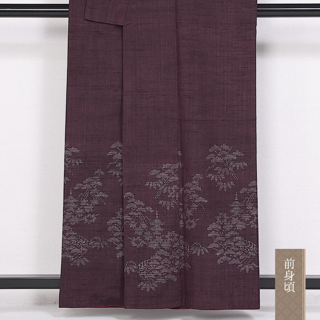 結城紬 身丈158cm 裄丈62.5cm Sランク 袷 正絹 広衿 付下げ 松 寺院 1216-10085