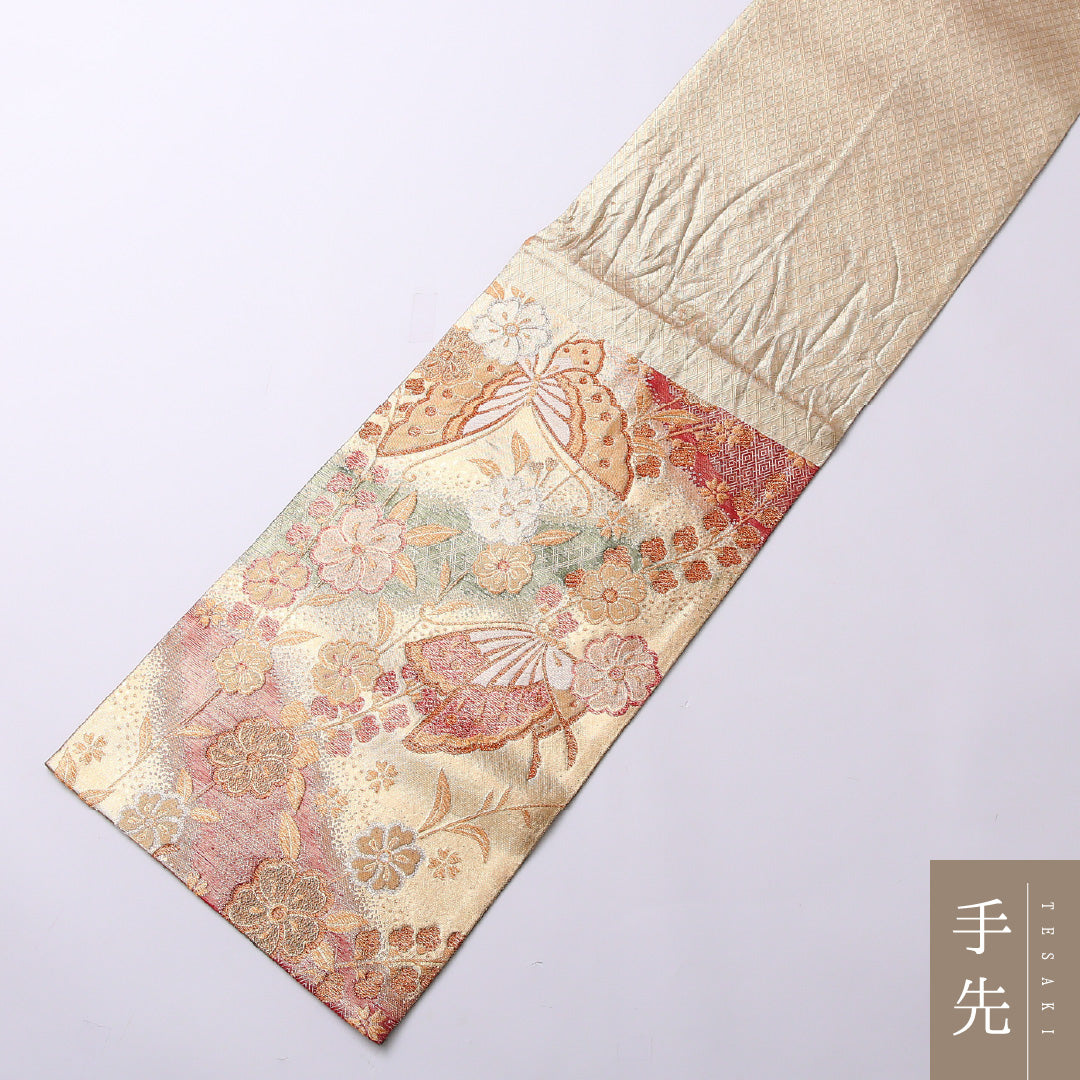 袋帯 帯丈432cm 六通 フォーマル Sランク 正絹 リバーシブル 蝶 古典的 可愛らしい 金系 1223-01614