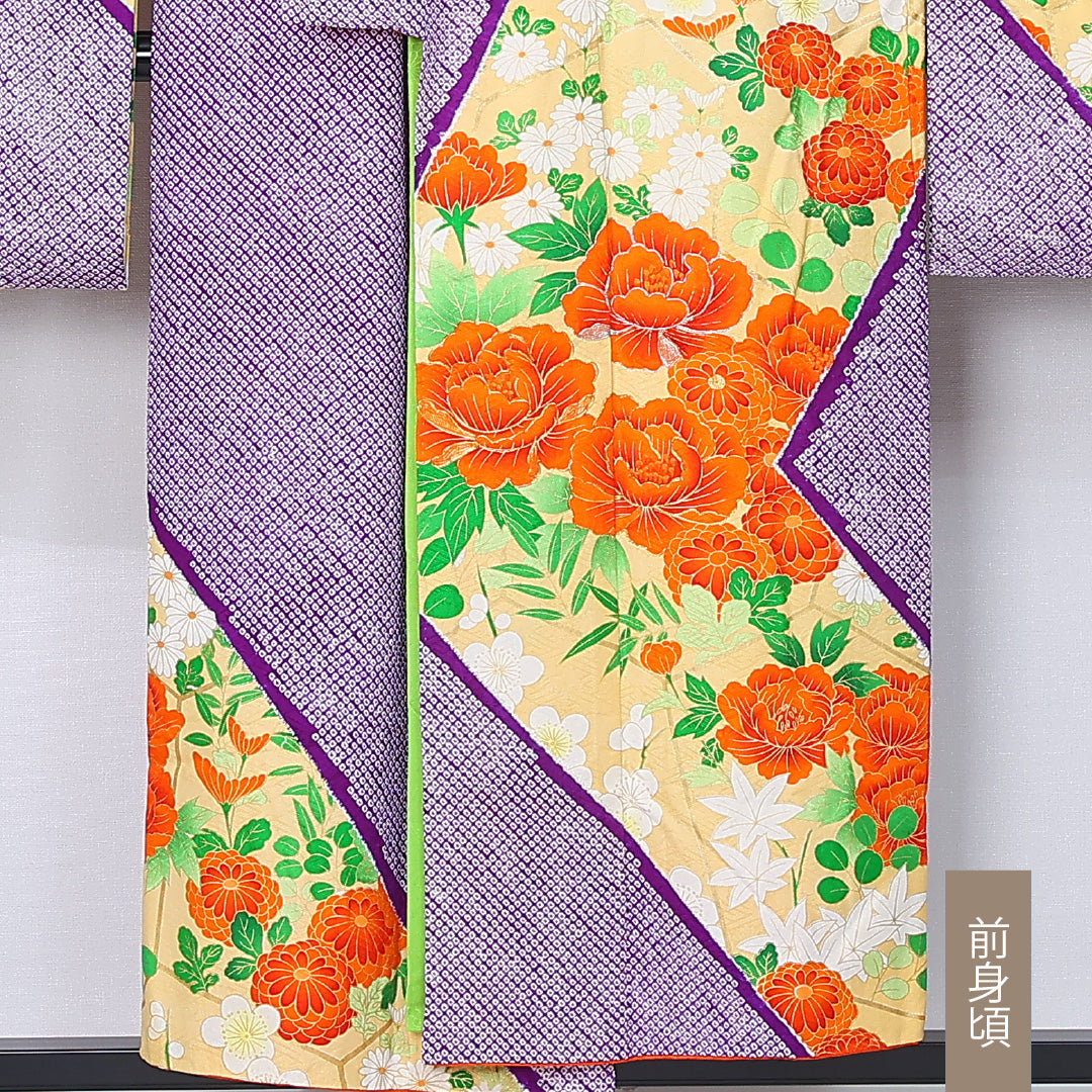 振袖 身丈150cm 裄丈61.5cm Aランク 袷 正絹 S 広衿 絞り 吉祥文様 古典柄 菊 牡丹 紫系 1213-F0445