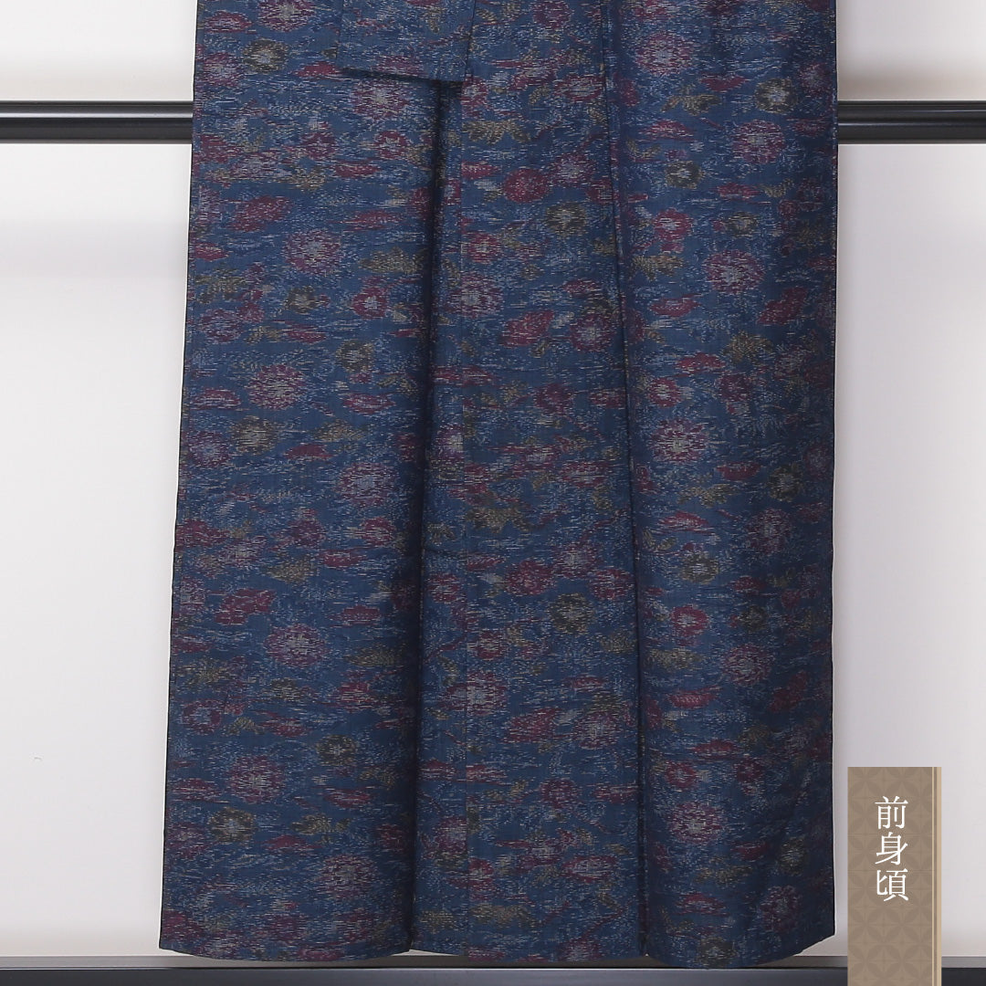 紬 単衣 身丈150cm 裄64cm ウール 洗える着物 ボタニカル 青系 Aランク 1216-00967