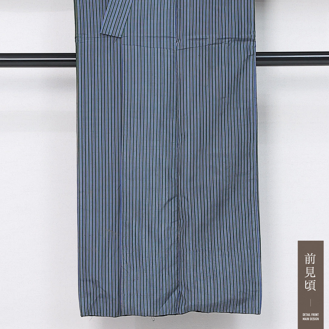 アンティーク 紬 袷 身丈144cm 裄丈62cm 正絹 Aランク バチ衿 XSサイズ 縞 青系 M4 1223-12049