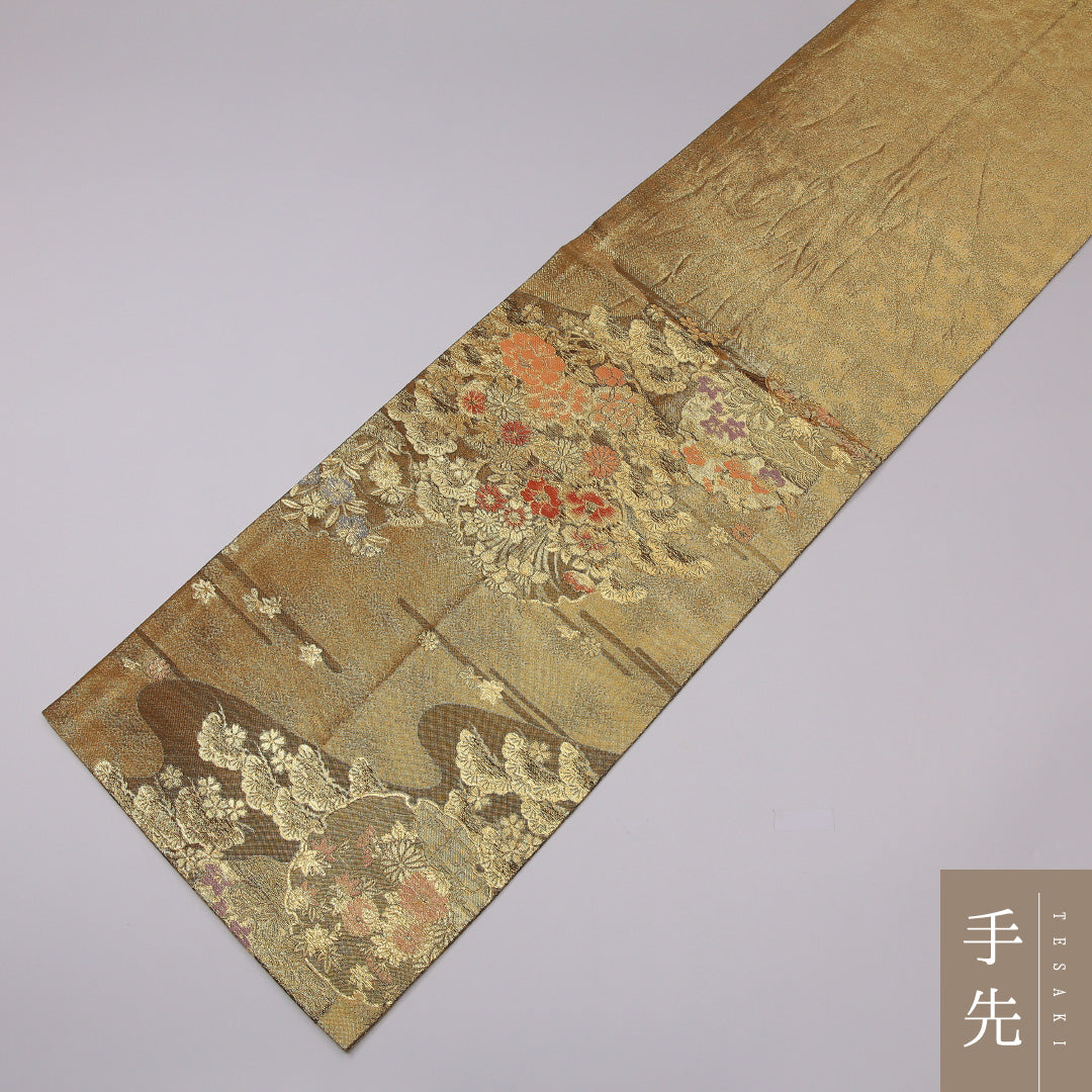 袋帯 帯丈420cm 正絹 六通 フォーマル 道長取り エ霞 四季草花 金系 1243-01154