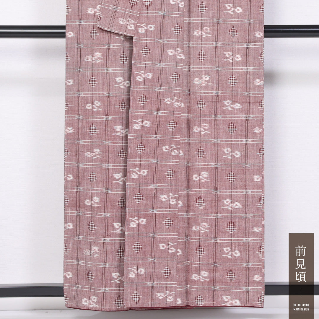 十日町紬 袷 身丈157cm 裄丈64cm 正絹 Bランク カジュアル 広衿 Mサイズ 格子 ピンク系 RP 1223-11501