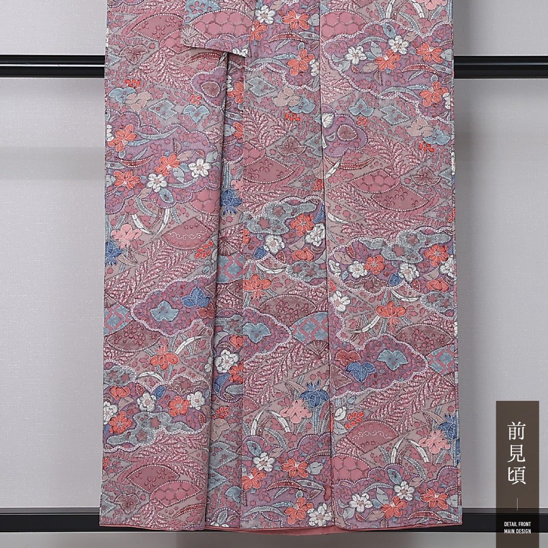 小紋 袷 身丈154cm 裄丈66cm 正絹 Aランク インフォーマル 広衿 Sサイズ 花柄 桐 ピンク系 RP 1221-12378