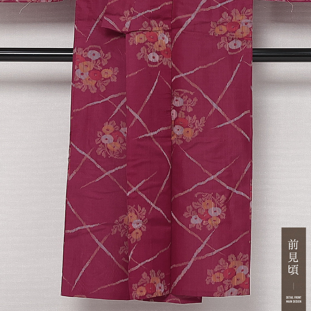 アンティーク 夏物 銘仙の着物 夏物 身丈143cm 裄丈62cm 正絹 Aランク バチ衿 XSサイズ 花柄 ピンク系 RP 1223-13634