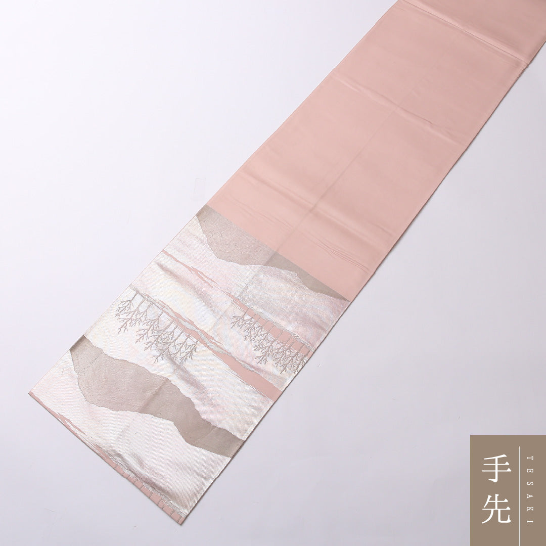 袋帯 帯丈434cm 正絹 六通 セミフォーマル 遠山 木立 ピンク系 銀系 1243-01592