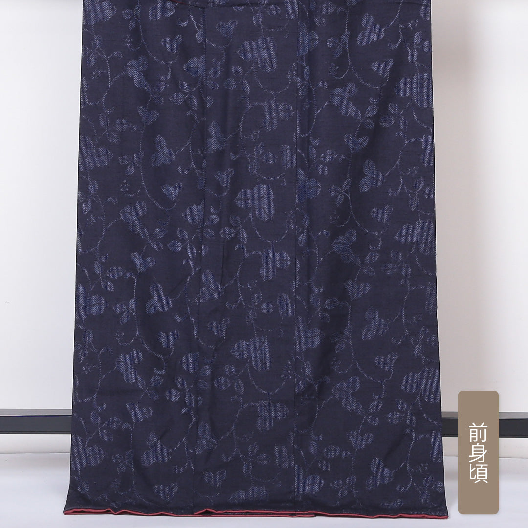 真綿紬 袷 身丈169cm 裄丈64cm 正絹 Sランク カジュアル 広衿 XLサイズ 植物柄 紺系 RP 1223-03249