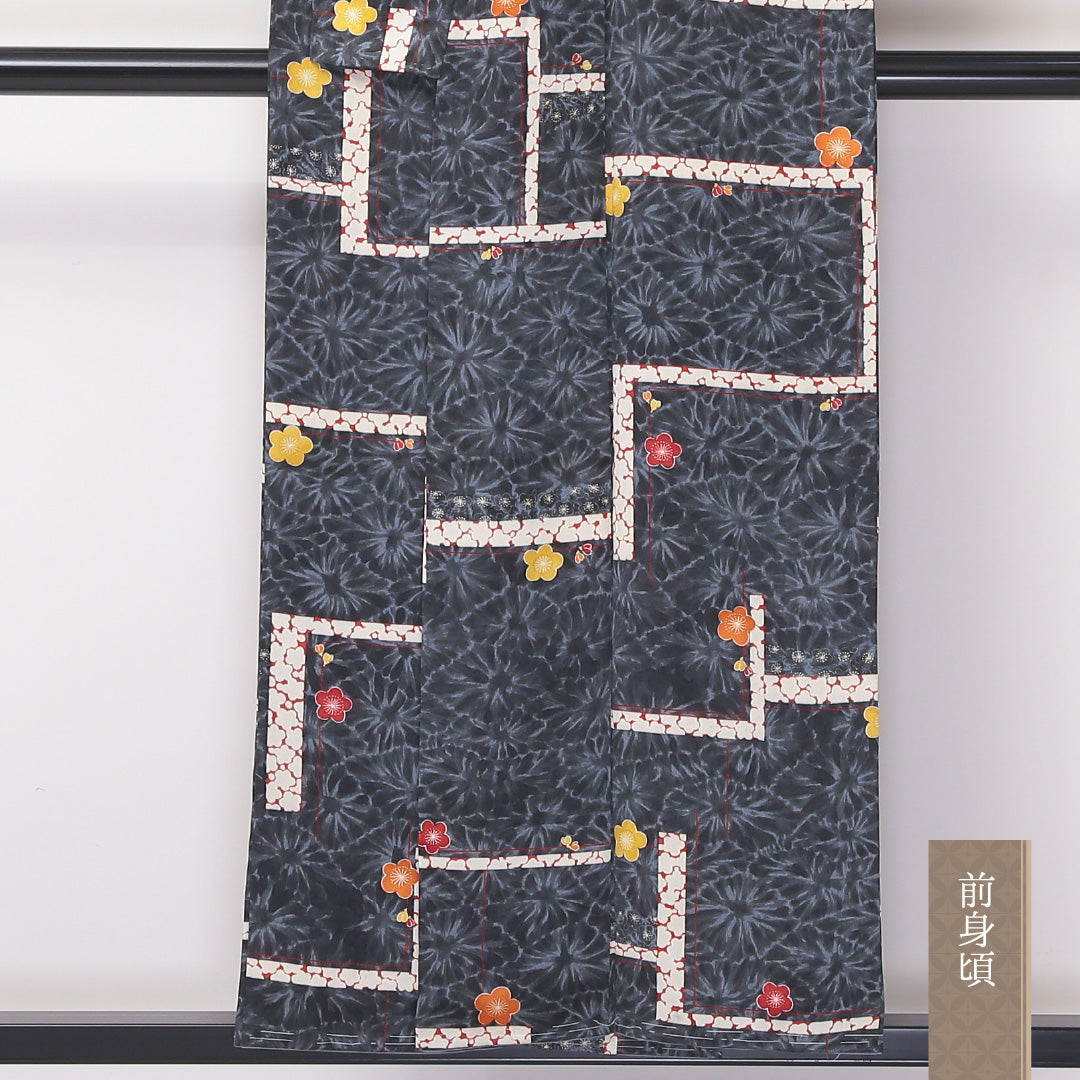 小紋 袷 身丈153cm 裄丈63cm 正絹 Sランク Sサイズ 広衿 インフォーマル 梅 金彩 グレー系 1215-02255