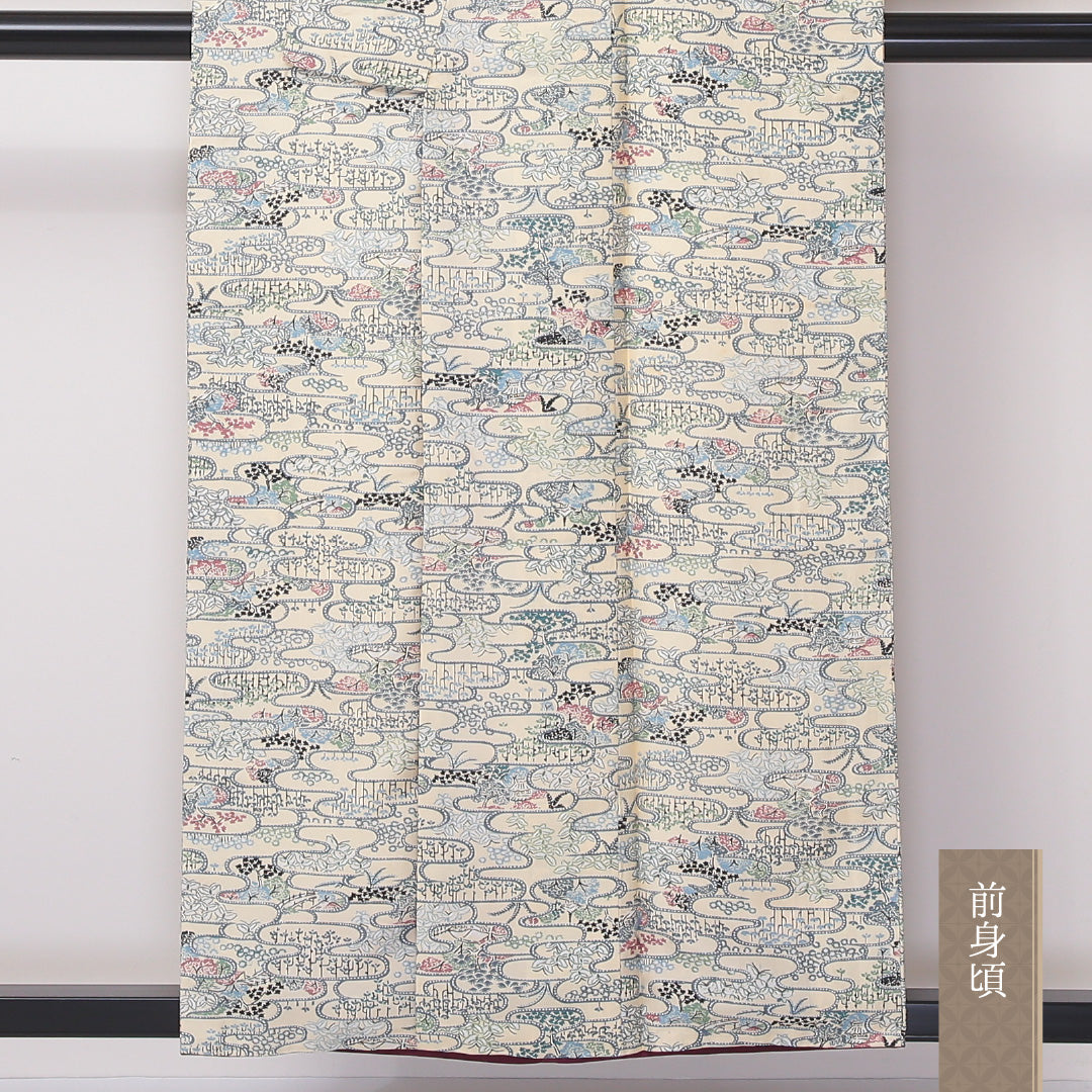 小紋 袷 身丈155cm 裄62.5cm ポリエステル 洗える着物 茶屋辻 クリーム系 Bランク 1215-02261