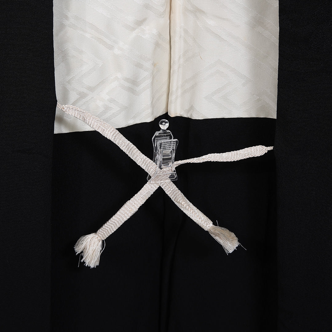 黒羽織 袷 身丈75cm 裄丈65cm 正絹 Sランク 一つ紋(下り藤) セミフォーマル Mサイズ 紋意匠 紐あり 石庭 上品 厳か 黒系 RP 1233-11118