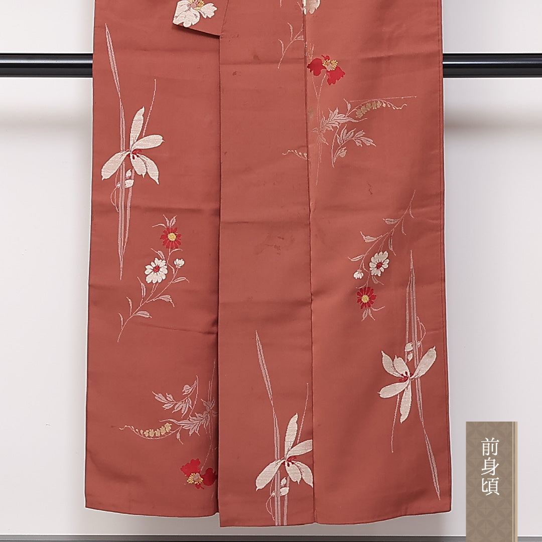 アンティーク 袷 身丈145cm 裄63cm 正絹 お召 草花 茶系 Cランク 1216-01356