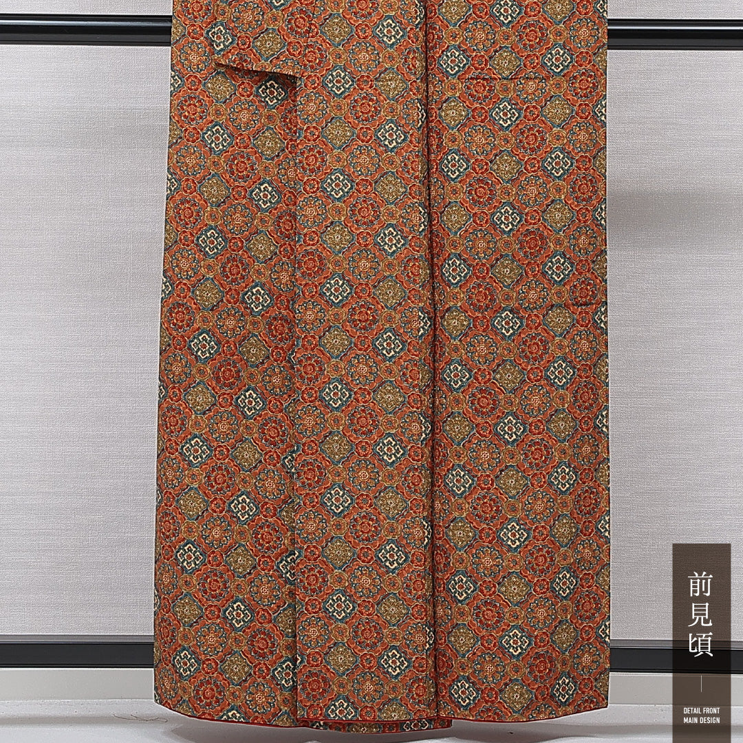 小紋 袷 身丈159cm 裄丈66cm 正絹 Aランク インフォーマル 広衿 Mサイズ 唐華 茶系 RP 1221-15620