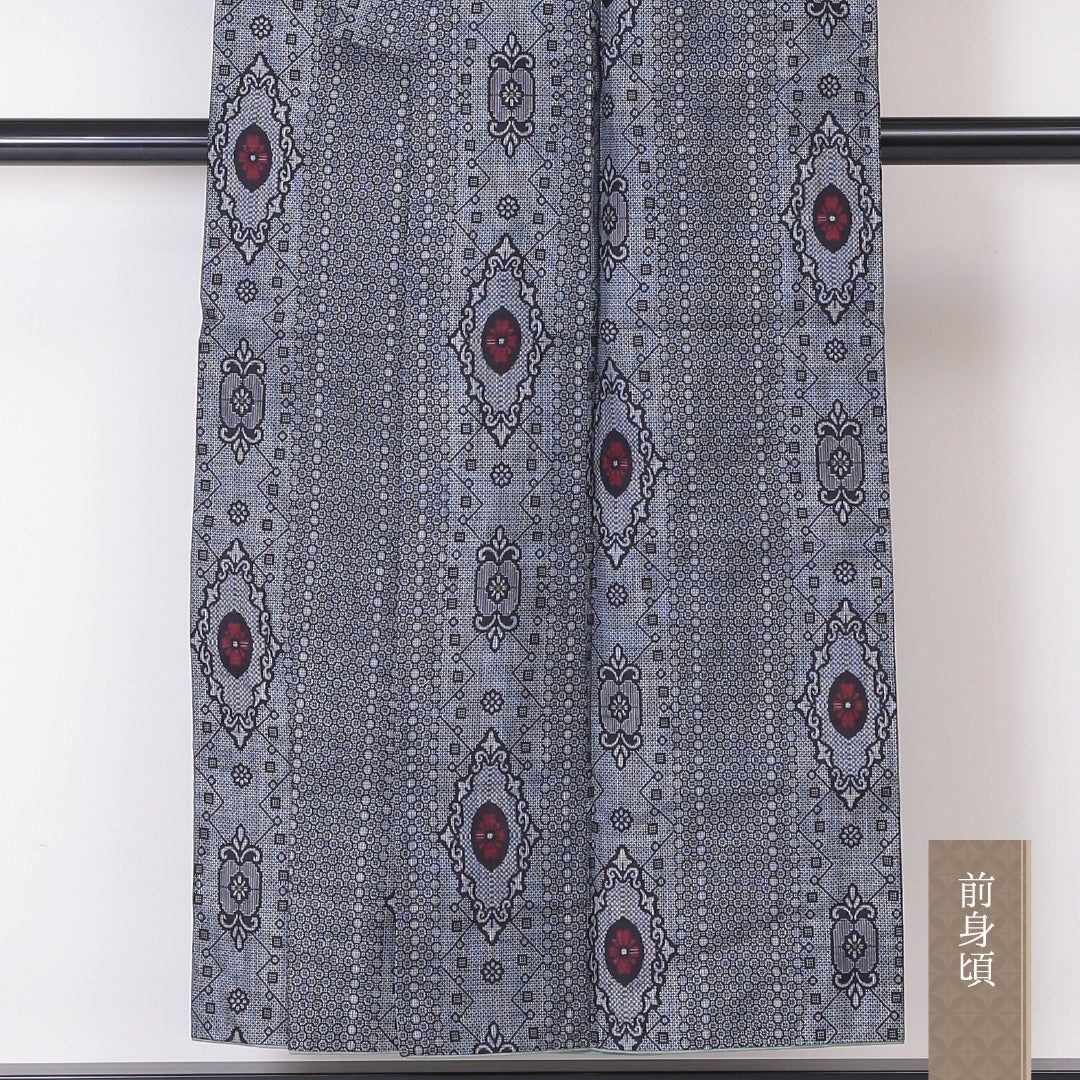 大島紬 袷 身丈149cm 裄63cm 正絹 菱形 グレー系 Aランク 1216-00896