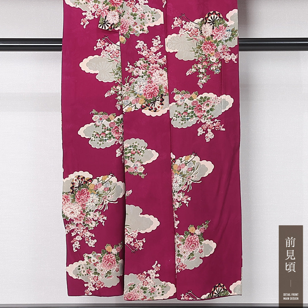 アンティーク 小紋 (錦紗) 袷 身丈147cm 裄丈61cm 正絹 Cランク バチ衿 XSサイズ 花車 花柄 笹 紫系 M4 1221-12426